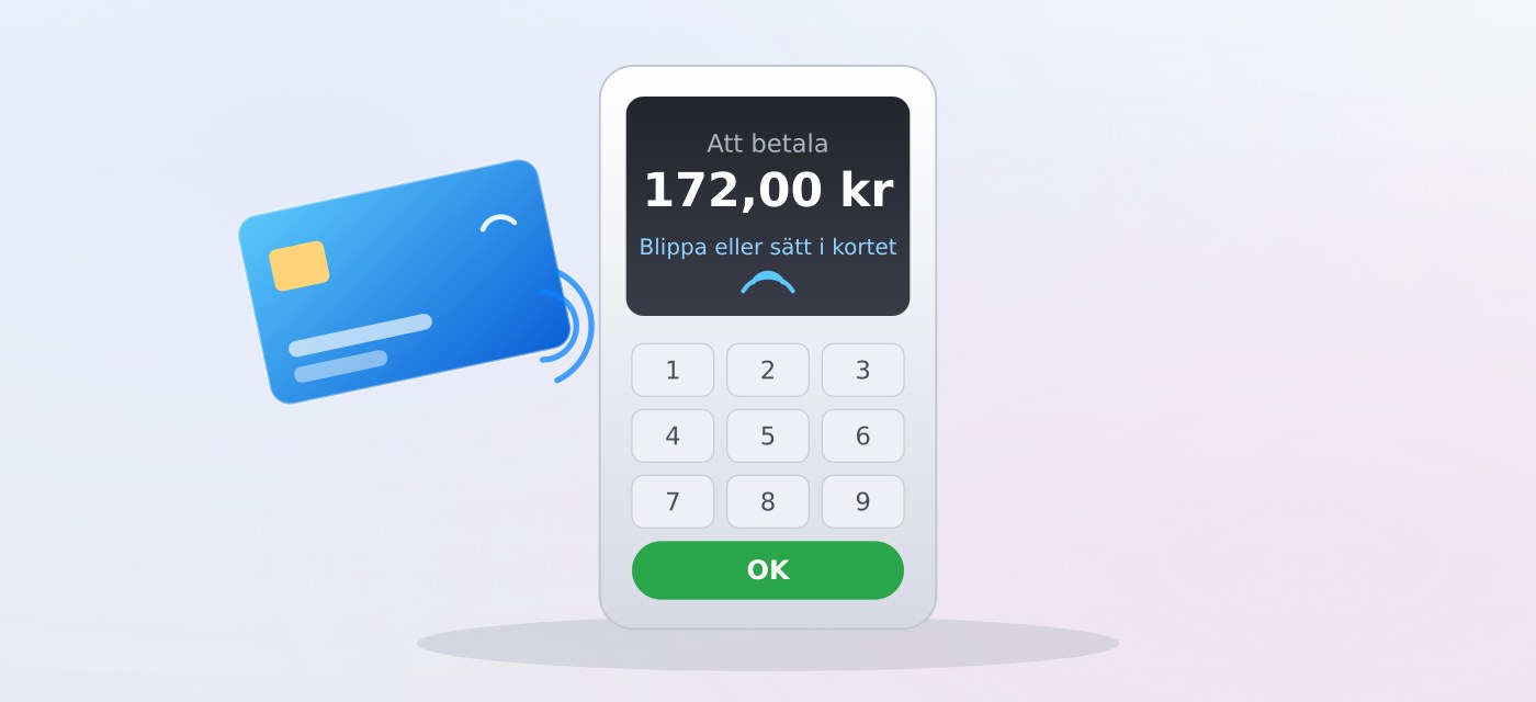 Illustration av en kortbetalning: kort blippas mot en kortterminal som visar Att betala 172 kr