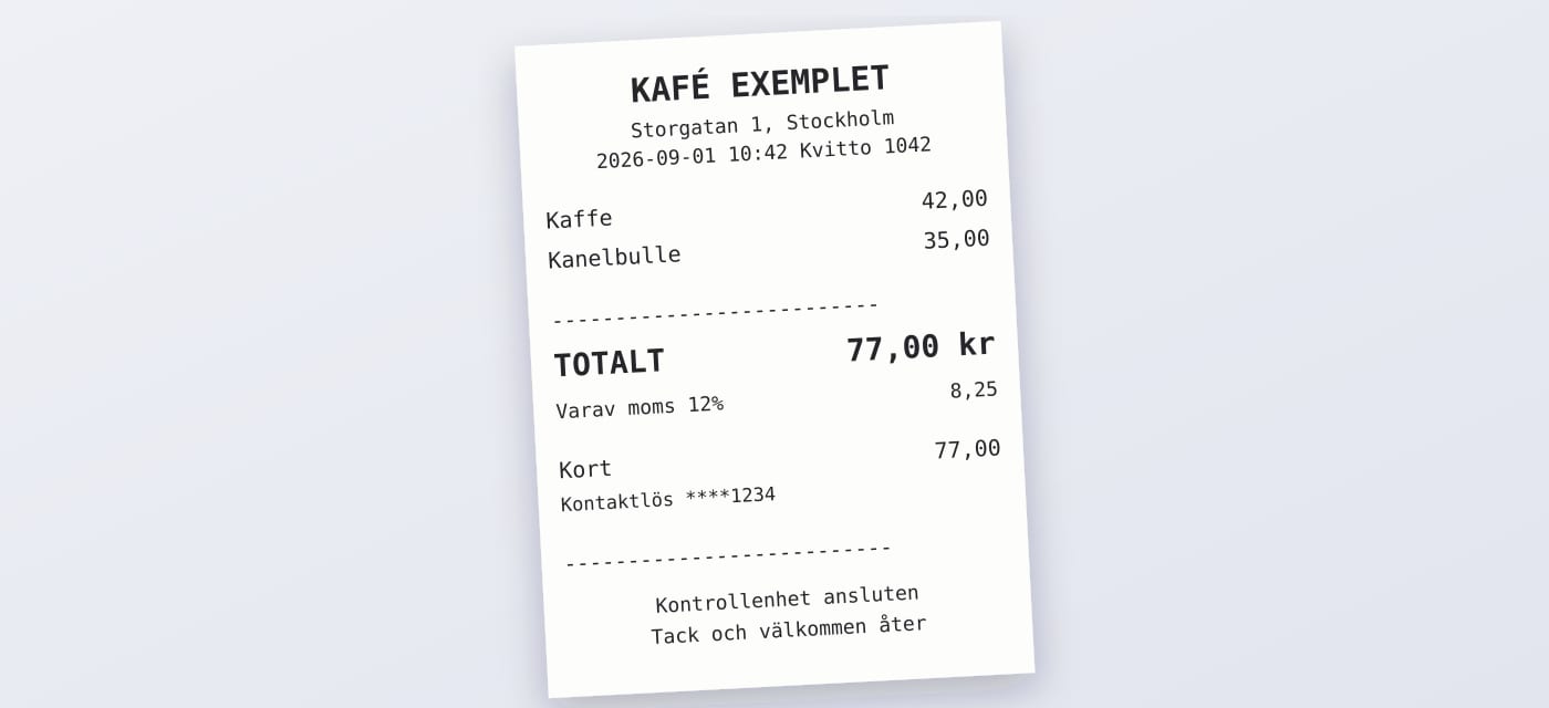 Svenskt kassakvitto med moms och kortbetalning (illustration)