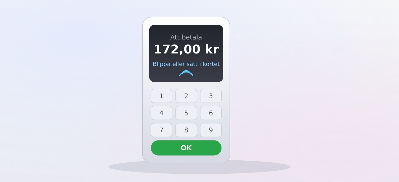 Illustration av en fristående kortterminal som visar Att betala 172 kr